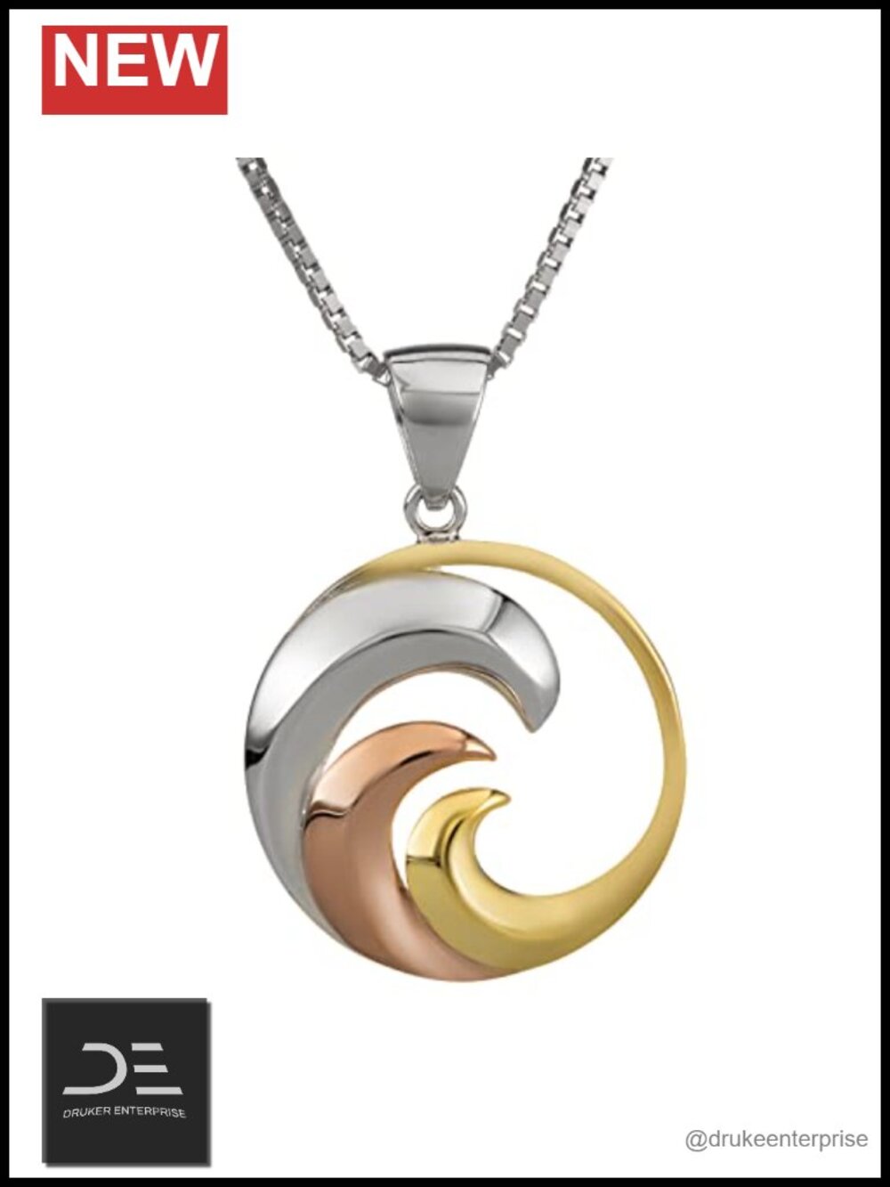 14K Gold Plated Tri-Color 925 Sterling Silver Ocean Wave Necklace Pendant with
